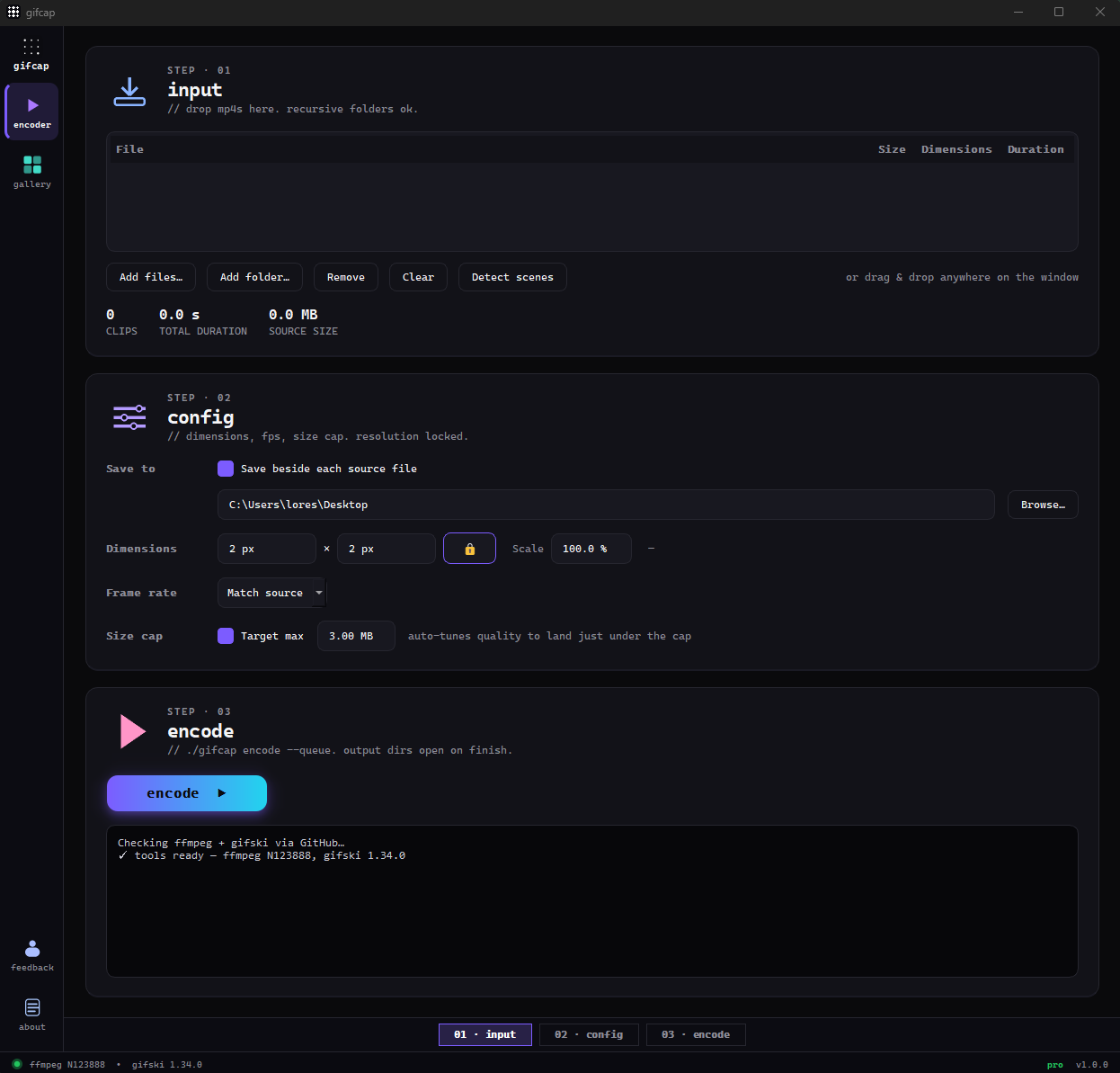 gifcap encoder window on Windows showing size cap and fps controls