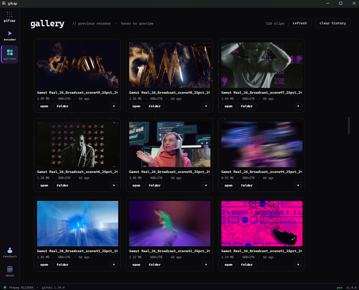 gifcap gallery showing batch-encoded GIFs ready to ship
